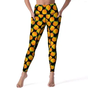 Legginsy damskie jasne pomarańcze świeże owoce nadruk fitness gimnastyczne spodnie jogi joga