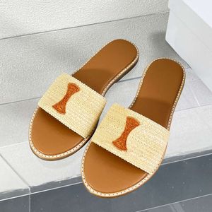 Skórzane espadrilles slajdy designerskie płaskie kapcie słomy letnie kobiety swobodne klapki sandały plażowe na zewnątrz z pudełkiem 512