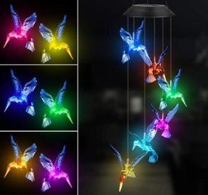 Solar Hummingbird Farfalla Campanelli eolici Decorazioni per feste Cambia colore Lampade a sospensione mobili appese per esterno impermeabile per portico Pati2090527