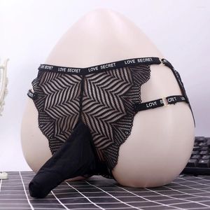 Cuecas masculinas sissy bolsa bainha gaywear calcinha roupa interior sexy renda transparente cuecas apertadas masculinas lingerie