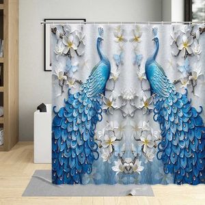 Duschvorhänge, blaue Pfauen, Duschvorhang, kreative weiße Blumen, Schmetterlinge, chinesischer Stil, Vögel, Kunstdruck, moderne Badezimmer-Dekor-Vorhang-Sets