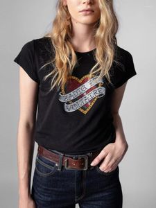 Kvinnors t-skjortor super chic bomull kort ärm t-shirt kärlek brev tryck borr topp kvinnor rund nacke avslappnad