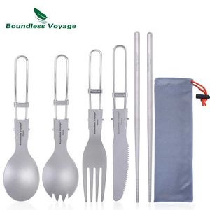 Cucina da campeggio Boundless Voyage Posate pieghevoli da campeggio Cucchiaio in titanio Spork Forchetta Coltello Bacchette Set da tavola da viaggio per esterni Set di posate YQ240123