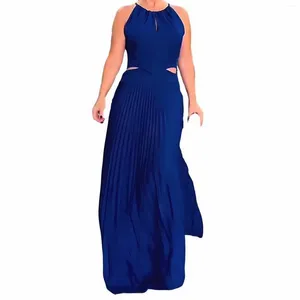 Casual Dresses Pleated Halter Cut Out Floor-Length Maxi Women Summer High Waist Slim Fit Flowy Long Dress Solid Elegant Evening