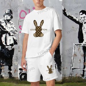 Erkeklerin Trailtits Erkek Moda Pamuk T-Shirt Setleri Sevimli Ayı Tavşan Tavşan Baskı Kısa Kol Terzini Sokak Kıyısları Yaz Grafik Şortları 2 PCS Seti T240124