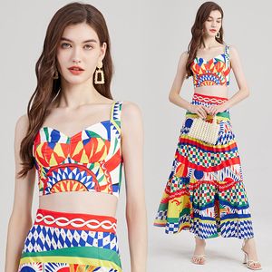 Suspender top and Skirt Vacation Sets Elegant Print Summer Casual Vacation Women Designer Party Two Piece Beach Set 2024 Fashion Woman Clothes