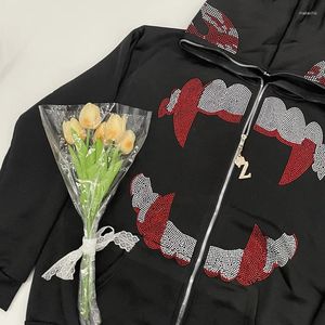 Men's Hoodies Y2k Gothic Autumn Fashion Rhinestones Teeth 26 Letter Accessories Zip-up Men Long Sleeve Coat Grunge Sweatshirts Jacket