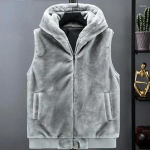 Coletes masculinos 2024 jaqueta sem mangas homens com capuz quente térmico witnter faux fur colete masculino plush flanela casaco fofo velo colete outono