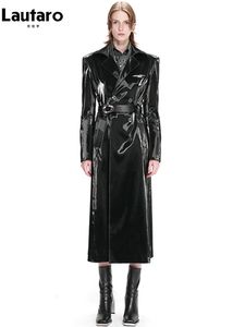 Lautaro Autumn Long Black Waterproof Reflective Patent Leather Trench Coat for Women Belt Double Breasted European Fashion 240119