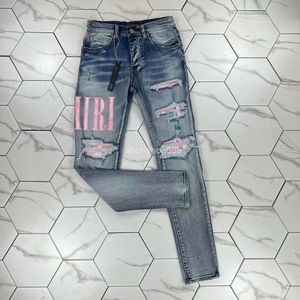 HM620 Herren Slim Jeans Distressed Denim Weiß Designer Lederhose mit Löchern Buchstaben zerrissen zerfetzt Knie zerrissen für Mann Skinny Lujacket