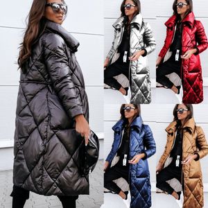 New Fashion Winter Polo Collar Long Women's Warm Cotton Top Long Sleeve Zipper Outdoor Coat Bright Fashionable