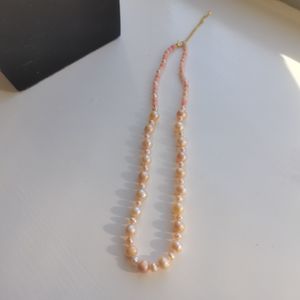Hand knotted necklace 4-5mm 8-9mm light pink freshwater pearl coral 43cm extended chain