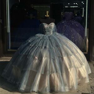 Seksi tatlım parıltılı kristal payetli quinceanera elbiseler omuz boncuk tull korse vestidos 15 de xv anos