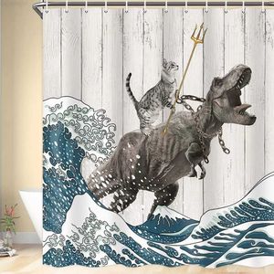 Shower Curtains Funny Cat Shower Curtain Cool Cat Dinosaur Japanese Ocean Wave Decor Fabric Bathroom Curtains Kids Rustic Wooden Bath Curtain