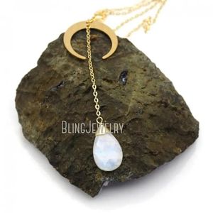 Necklaces NM41813 Rainbow Moonstone Double Horn Gold Color Lariat Y Necklace Half Moon Phase Crescent Jewelry