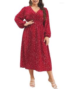 Vestidos casuais tamanho grande elegante vintage mulheres para outono moda v-pescoço manga longa loop polka dot vestido midi vestidos de mujer