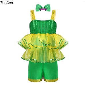 Stage Wear Kids Girls Modern Dance Performance Costume Straps Sleeveless Sequins Layered Mesh Adorned Short Jumpsuit With Bowknot Hairpin