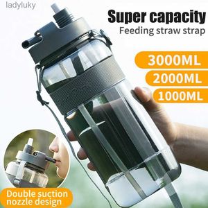 Water Bottles Cages New 3 Liter Portable Sport Water Bottle With Straw Gym Drinking Bottle With Strap For Outdoor Travel Large Capacity Fitness CupL240124