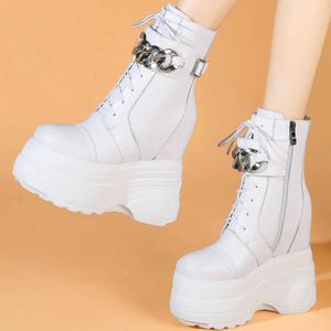 Boots Chic Chain Pumps Shoes Women Lace Up Genuine Leather Wedges High Heel Snow Boots Female Round Toe Fashion Sneakers Casual Shoes
