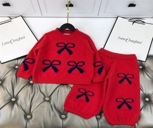 Inverno Bambini Ragazze Maglioni Set Moda Fiocco Bambino Caldo maglione di lana lavorato a maglia con pantaloni Tuta Bambini Vestiti rossi24396847129