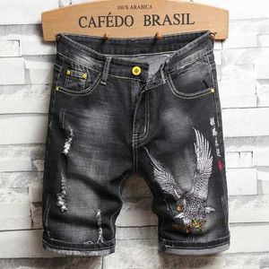 Men's Shorts New arrive men slim-fit black denim shorts light luxury eagle embroidery decors street fashion ripped shorts sexy casual shorts; J240124