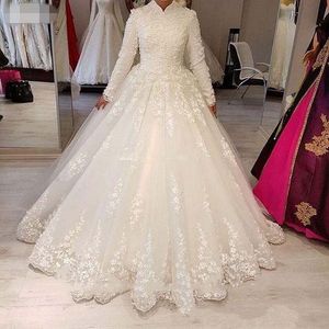 Luxo vintage muçulmano vestidos de casamento renda alta pescoço mangas compridas apliques brancos ruched vestidos de noiva