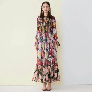 긴 드레스 스프링 가을 가을 고품질 새로운 여성 패션 파티 섹시한 보호 비치 빈티지 세련된 꽃 프린트 스트레치 쉬폰 드레스