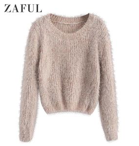 ZAFUL Pullover Fuzzy Heathered Sweater Fluffy Faux Fur Short Round Neck Elastic Daily Women Sweater Autumn Winter Pullovers Tops1887685