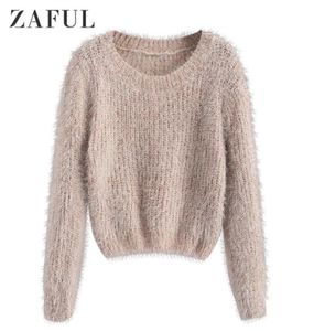 ZAFUL Pullover Fuzzy Heathered Pullover Flauschiger Kunstpelz Kurzer Rundhalsausschnitt Elastisch Täglicher Damenpullover Herbst Winter Pullover Tops1887685