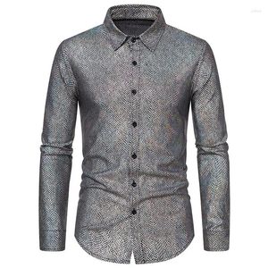 Camicie eleganti da uomo Camicia argento lucido per feste Primavera Estate Pelle di serpente Manica lunga Banchetto Tendenza moda Prom Stage Chemise Hombre