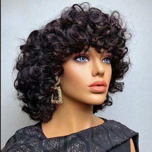 Peruansk kort lockigt mänskligt hår peruk för svarta kvinnor remy ingen full spets peruk med lugg bouncy curl svart cosplay syntetiska peruker