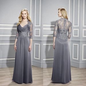 Grey Mother of the Bride Gowns Elegant Chiffon Illusion's Mother's Abites Applicated Maniche lunghe abito in pizzo in rilievo per donne nere arabe AMM015 407