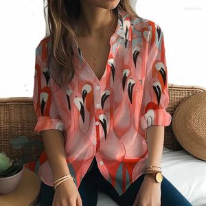 Kadınlar Blouses 2024 Uzun Kollu Gömlek Flamingo 3D Baskılı Moda Basit Estetik Mizaç