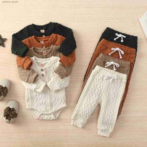 Kläderuppsättningar Autumn and Winter New Baby and Toddler Baseball Collar Sticked Jacquard Fabric Jumpsuit+Elastic Midje Pants Casual Set