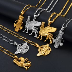 Ashur 14K żółte złote naszyjniki dla kobiet mężczyzn Lama, Lamma, Winged Bull Lamassu to biżuteria bóstwa asyryjskiego