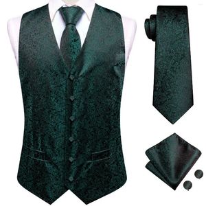 Mäns västar Hi-Tie Dark Green Tie Set Silk Paisley Jacquard Waistcoat Jacket Nattie Hanky ​​Cufflinks Wedding Formal Party Gifts