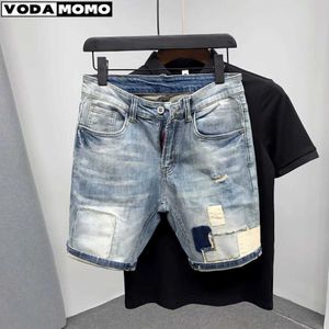 Men's Shorts New Men's Denim Shorts With Holes Washed Korean Style Straight Quarter Patch Casual Jeans bermuda masculina men clothing J240124