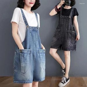 Kvinnors jeans sommar hängslen shorts kvinnor denim overalls knä längd romer lossa bredben byxor studenter stor ficka avslappnad