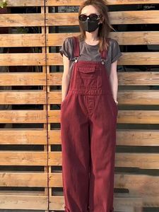 Kvinnors jeans vintage röda overys kvinnor vår sommar trendiga hög midja raka jumpsuits Loose Design Kvinnliga denimrembyxor