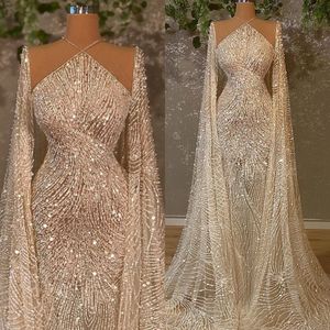 Vintage Mermaid Wedding Dresses Pearl Sequins Pärled Criss Cross Neck Bridal Glows Cape See Through Bride Dresses Custom Made