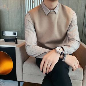 Abbigliamento di marca Uomo Maglioni lavorati a maglia casual di alta qualità / Vestibilità slim maschile Falso Camicie in maglia a due pezzi Camicia a righe Taglie forti S-4XL 240124