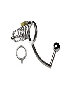 Device Stainless Steel Cock Cage with Urethral Catheter Anal Hook Butt Plug Beads Sex Toys for Men XCXA159 Small5770655