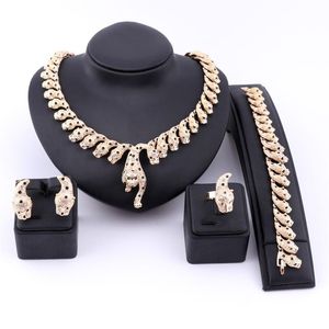 Nigerian Dubai African Gold Silver Plated Crystal Leopard Necklace Earrings Ring Bracelet Bridal Jewelry Sets For Women Wedding Pa265f