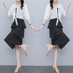 Casual Dresses 2024 Summer Dress Women Sweet Polka prickar Sling Elastic midja midi Beach Chiffon Small Shawl Ladies Suits Plus Size