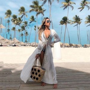 24ss mulheres roupa de banho crochê branco malha praia cobrir vestido maiô feminino robe longo biquíni natação beachwear
