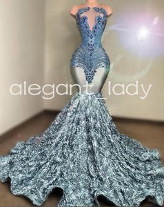 Silver Grey Sparkly Trumeept Prom Pageant Dress Luxury Diamond Crystal 3D Rose Floral Evening Clown Vestidos Longos Elegantes