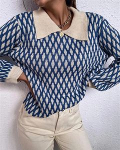 Kvinnors tröjor Argyle Geometric Mönster LAPEL Sweater Lantern Sleeve Casual Pullover For Girls Wholesale S-L