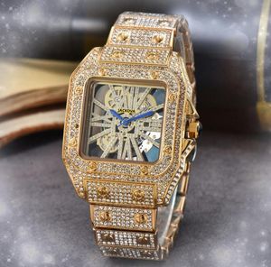 Populaire Vierkante Holle Skeleton Dial Horloges Heren Quartz Batterij Klok Ketting Armband Stralende Diamanten Ring Bezel Roestvrij Staal Zakelijk Vrije tijd Cool Horloge Geschenken