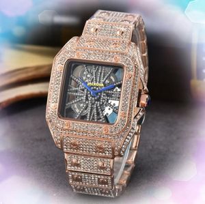 Relógio masculino com mostrador de esqueleto quadrado oco luxuoso fashion cristal céu estrelado diamantes moldura relógios movimento quartzo tamanho grande relógio de pulso de aço inoxidável presentes