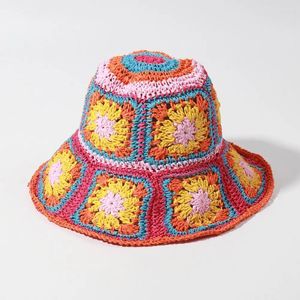 Berets Flower Pattern Hat Adjustable Drawstring Stylish Floral Crochet Straw Sun Anti-uv Protection For Women Summer